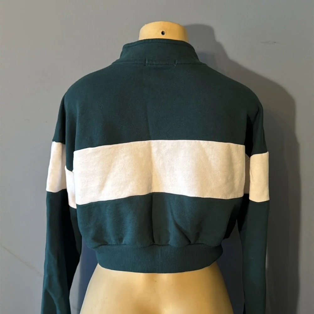 Forever 21 Green White Striped Long Sleeve Pull Over Crop Top Sweatshirt - Picture 3 of 5